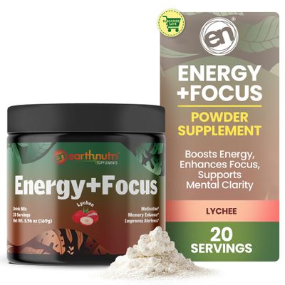 EarthNutri Energy + Focus Powder Supplement - Energy Boost & Memory Supplements with PeakO2, AlphaSize, Cognizin, PurCaf, Theacrine, Acetyl L-Carnitine L-Tyrosine  Lychee Flavor - 20 Servings (171g)