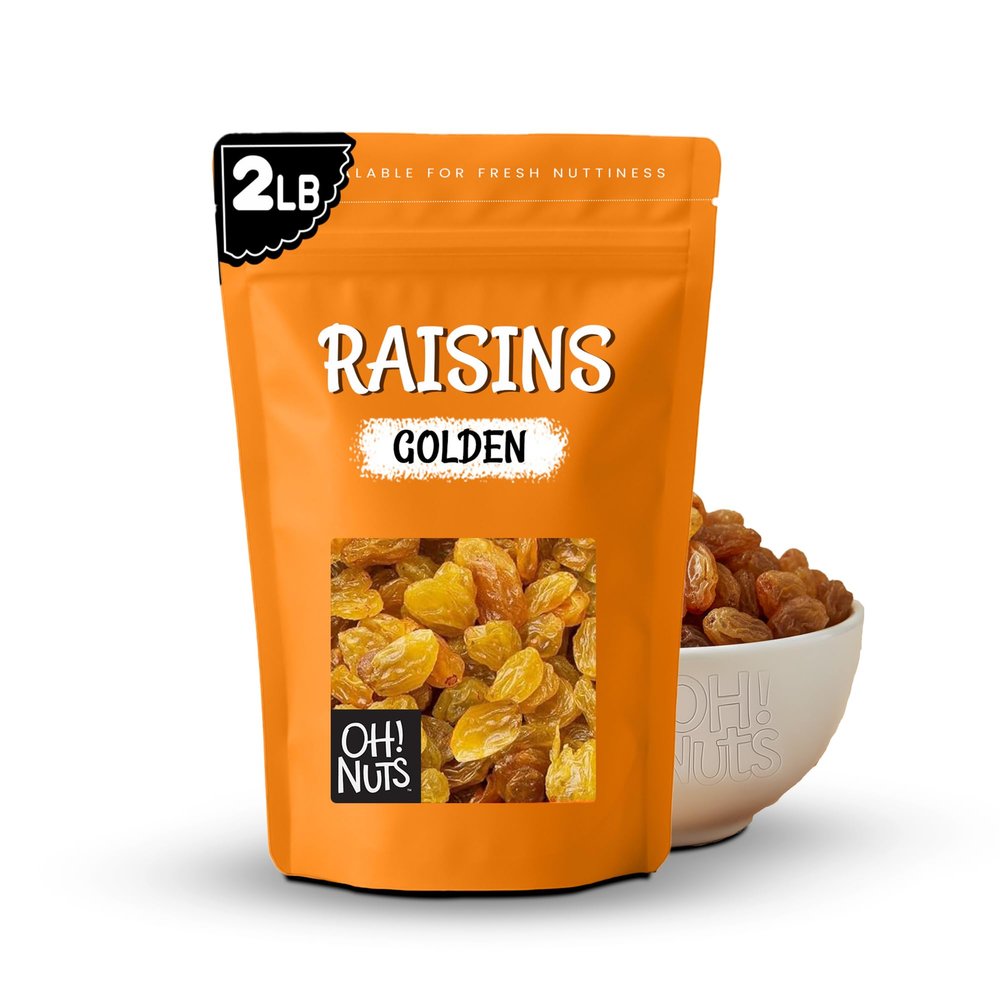 Oh! Nuts Golden Raisins - Sun Dried Fruit - 2 lb - No Sugar Added - Dehydrated Fruit Bites - Packed in New York Zip-Seal Bag for Exceptional Freshness
