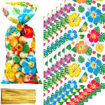 100 Pcs Hawaiian Luau Cellophane Bag Tropical Aloha Hibiscus Candy Goodie Bags Tiki Party Supply Luau Decorations with 100 Twist Ties for Hawaii Party Favors Summer Table Setting, 10.8 x 5 Inch