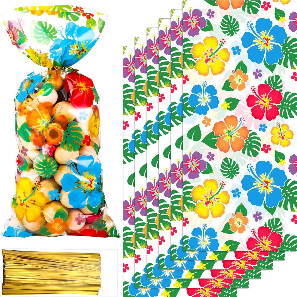 100 Pcs Hawaiian Luau Cellophane Bag Tropical Aloha Hibiscus Candy Goodie Bags Tiki Party Supply Luau Decorations with 100 Twist Ties for Hawaii Party Favors Summer Table Setting, 10.8 x 5 Inch
