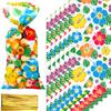 100 Pcs Hawaiian Luau Cellophane Bag Tropical Aloha Hibiscus Candy Goodie Bags Tiki Party Supply Luau Decorations with 100 Twist Ties for Hawaii Party Favors Summer Table Setting, 10.8 x 5 Inch view 1