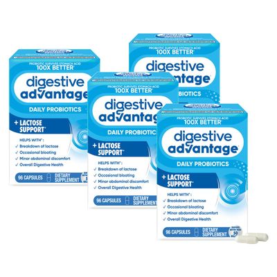 Digestive Advantage Lactose Defense Enzymes + Probiotics for Women & Men Occasional Bloating, Lactose Breakdown, Minor Abdominal Discomfort, Immune Support, 96 Count Capsules (4 Pack)
