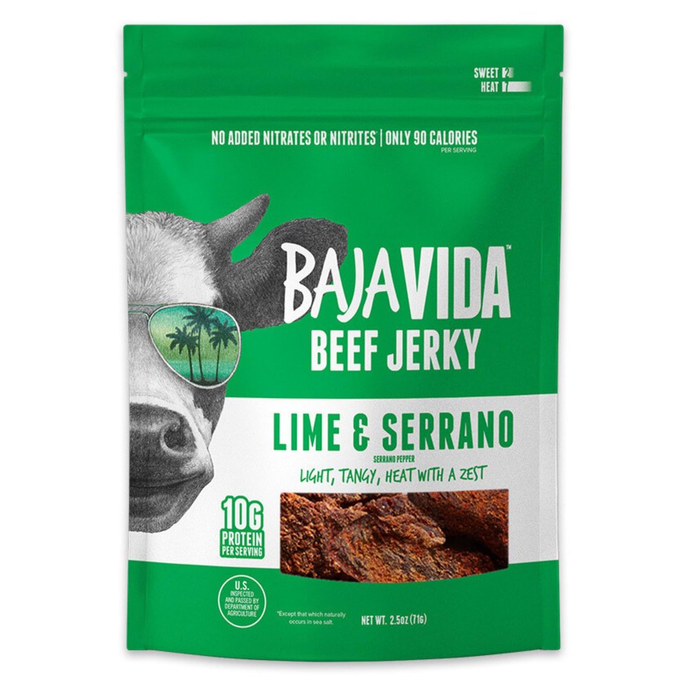 BAJA BEEF Baja Vida Lime & Serrano Pepper Beef Jerky - Sweet and Spicy Beef Jerky Snack Packs, Healthy Jerky, Gluten-Free, All-Natural Beef, No MSG, Made in the USA - 2.5 Oz Bags (Pack of 3)