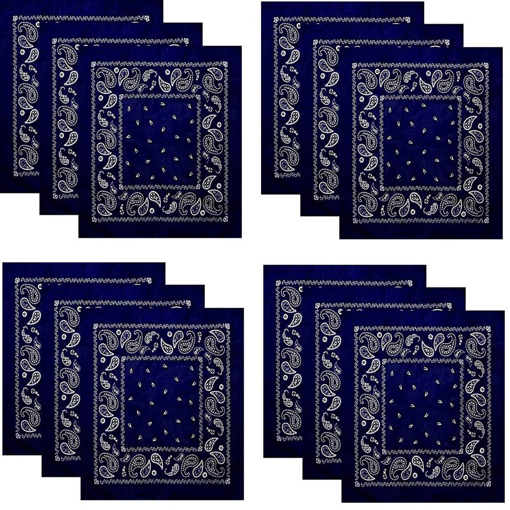 Hibaly 100% Cotton Classic Unisex Bandanas (12 Pack), Navy