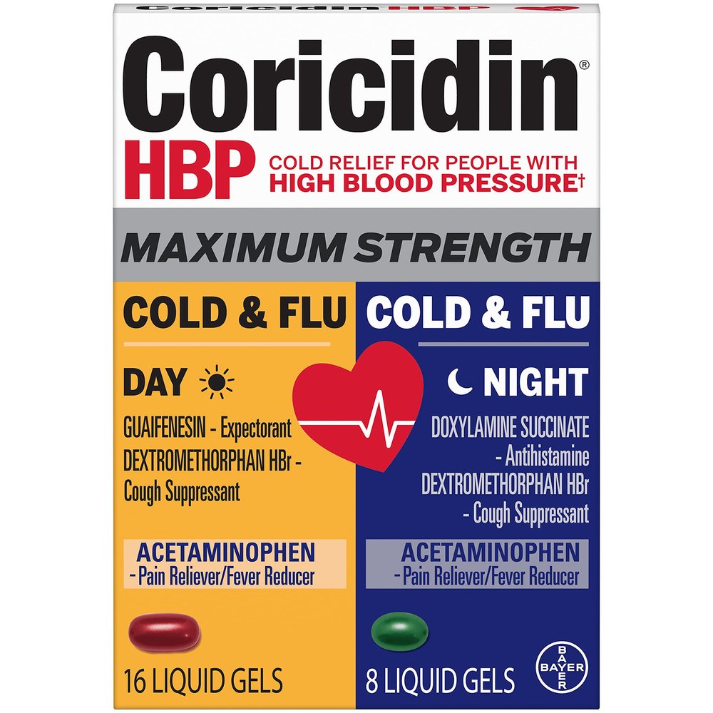 Coricidin Hbp, Decongestant-free Maximum Strength Cold & Flu Day+night Liquid Gels, 24 Count
