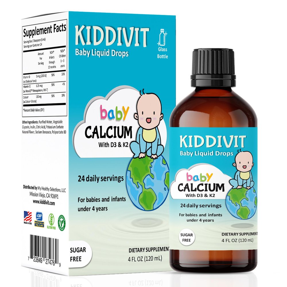 Kiddivit Baby Calcium Liquid Drops with Vitamin D3 & K2 Gentle Bone & Growth Support Supplement 24 Daily Servings Inulin Fortified Prebiotic Fiber Sugar Free, Gluten Free, Vegetarian, 4oz