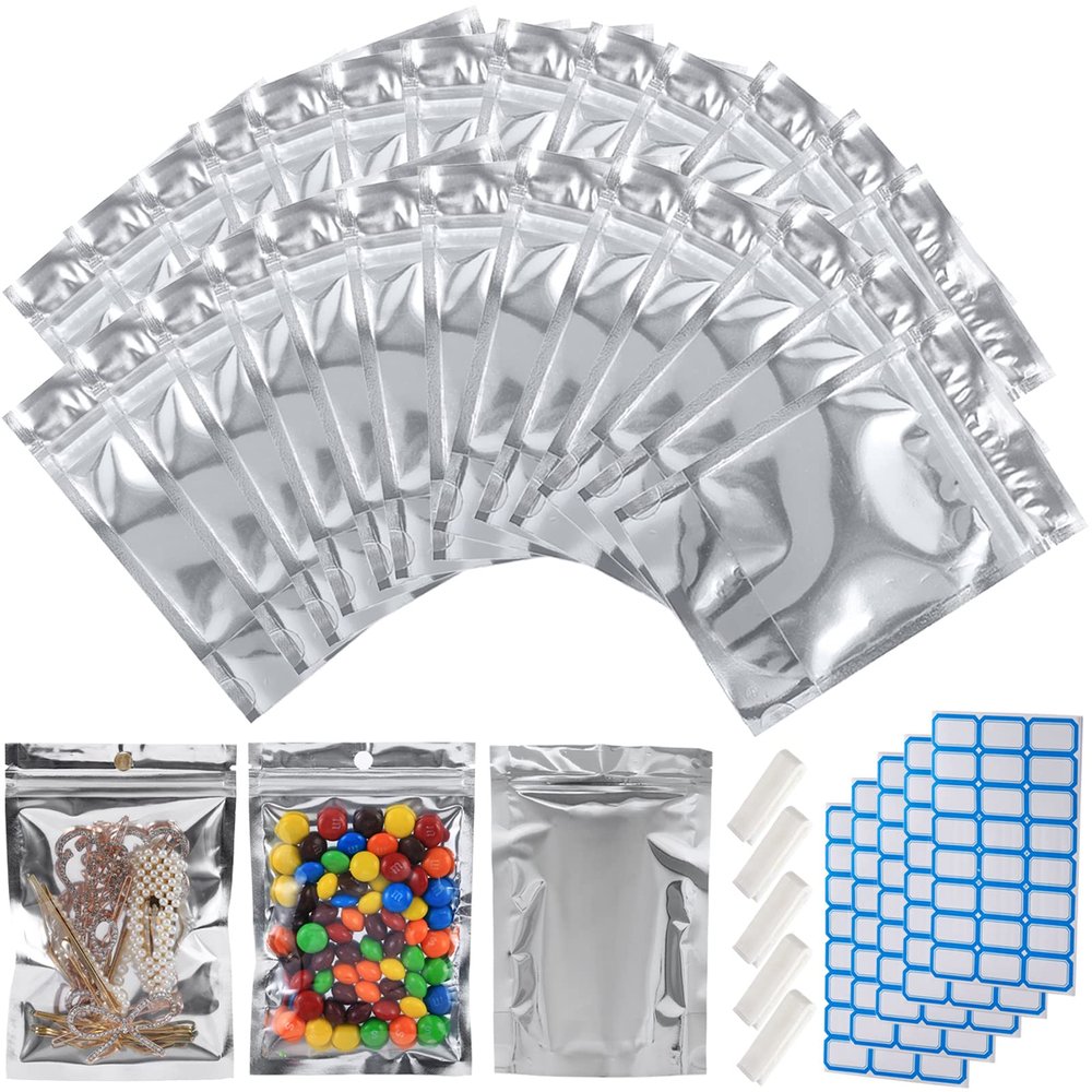100-Pack Large Reclosable Mylar Bags for Food Storage 7" x 10" Stand Up Bags in Bulk 1 Quart Large Resealable Smell Proof Aluminum Foil Bags with Clear Window Kitchen Storage Edible Packaging
