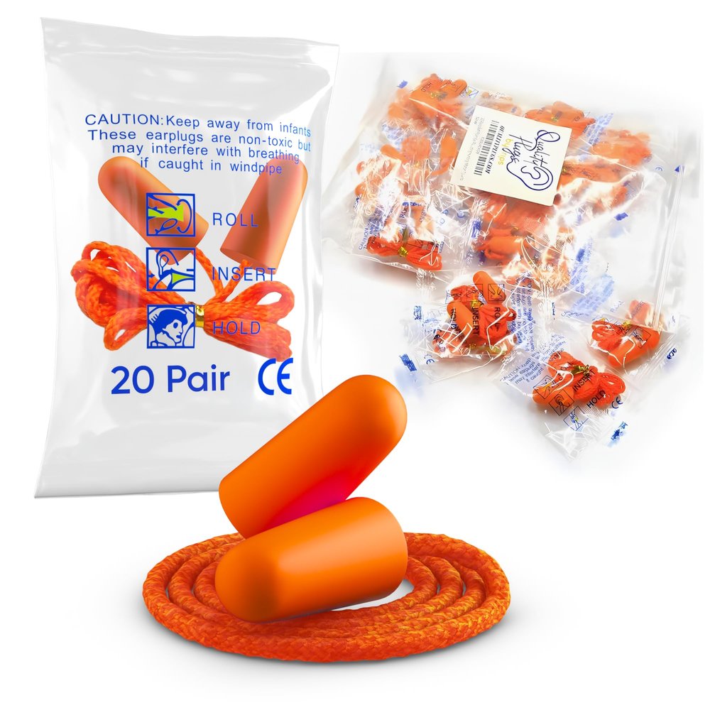 20 Pair Foam Ear Plugs with Cord - Soft & Comfortable Ear Protection - Disposable Ear Plugs Individually Wrapped with Noise Cancelling up to 32dB - Ideal for Sleeping Construction Shooting Sports