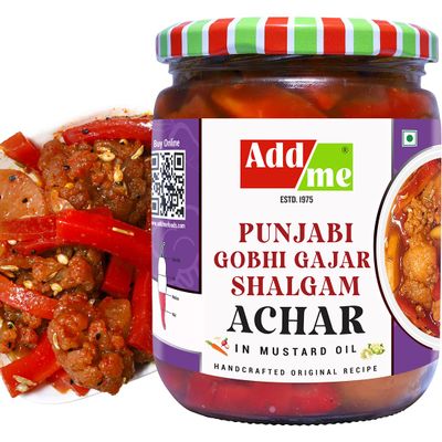 Add me Sweet & Sour Mixed Pickle of Gobhi shalgam gajar Pickle, 600gm Home Made Punjabi North Indian Pickle of Carrot, Cauliflower & Turnip with Onion and Garlic 600 G Glass Pack