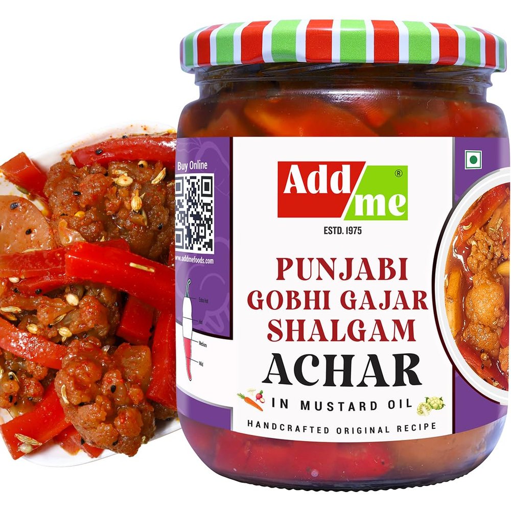 Add me Sweet & Sour Mixed Pickle of Gobhi shalgam gajar Pickle, 600gm Home Made Punjabi North Indian Pickle of Carrot, Cauliflower & Turnip with Onion and Garlic 600 G Glass Pack