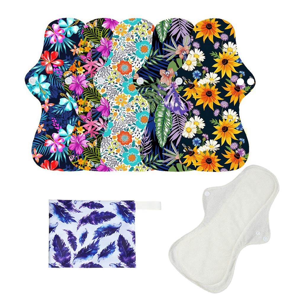 6pcs/Set Resuable Washable Incontinence Pads, Waterproof Organic Bamboo Resuable Menstrual Pads Sets, Including 5pcs Heavy Flow Cloth Mama Sanitary Napkins + 1pc Mini Wet Bag