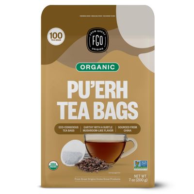 FGO Organic Pu'erh Tea, 100 Count, Eco-Conscious Black Tea Bags, Resealable Bag, Packaging May Vary (Pack of 1)