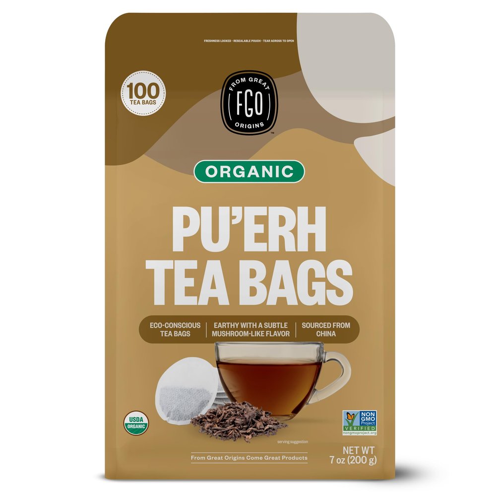FGO Organic Pu'erh Tea, 100 Count, Eco-Conscious Black Tea Bags, Resealable Bag, Packaging May Vary (Pack of 1)