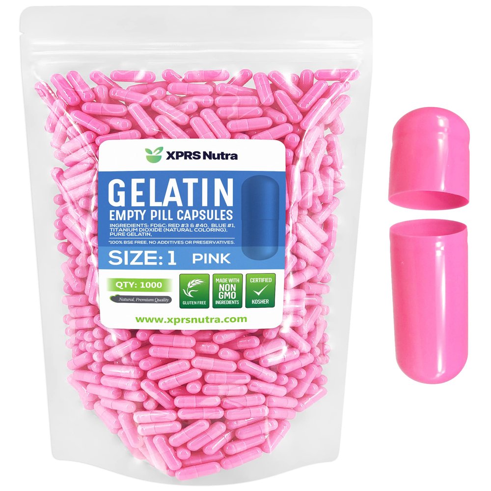 XPRS Nutra Size 1 Empty Capsules - 1000 Count Empty Gelatin Capsules - Pill DIY Capsule Filling - Pure Bovine Pill Gel Caps for Do-It-Yourself Supplements (Pink)