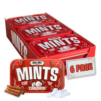 Big Sky Sugar Free Cinnamon Mints - 50 Count Tin (Pack of 6) | Kosher Certified, Vegan Cinnamon Candy | Aspartame & Gluten Free | Natural Breath Mints for Travel & Sharing, Long Lasting Freshness