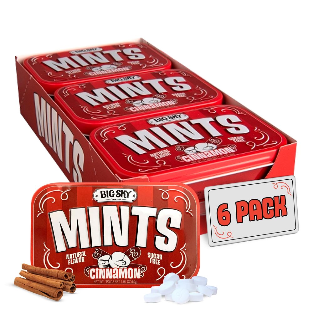 Big Sky Sugar Free Cinnamon Mints - 50 Count Tin (Pack of 6) | Kosher Certified, Vegan Cinnamon Candy | Aspartame & Gluten Free | Natural Breath Mints for Travel & Sharing, Long Lasting Freshness