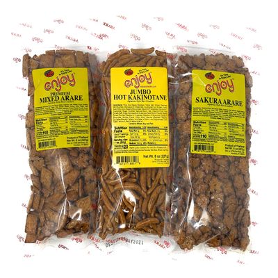 Enjoy Arare Japanese Rice Cracker Bundle - Premium Mixed, Sakura, Jumbo Hot Kakinotane Flavors