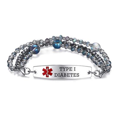 mnmoom 7.5 inch interchangeable Medical id bracelets for Women beads Medical alert bracelets with customize engraving type 1 diabetes (3 x Dark blue)