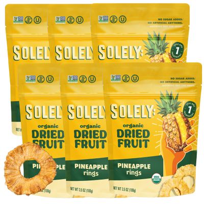 SOLELY - Organic Dried Pineapple Rings (3.5 oz Resealable Bags, Pack of 6) - Real Fresh Fruit - 1 Ingredient - Healthy Snacks for Adults & Kids - Non GMO, Vegan Snacks, Shelf Stable - 6 Bags (21 oz)