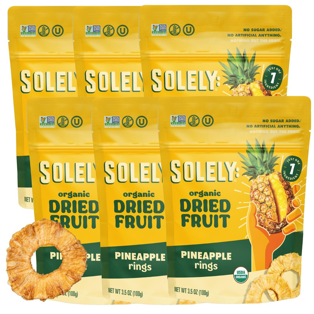 SOLELY - Organic Dried Pineapple Rings (3.5 oz Resealable Bags, Pack of 6) - Real Fresh Fruit - 1 Ingredient - Healthy Snacks for Adults & Kids - Non GMO, Vegan Snacks, Shelf Stable - 6 Bags (21 oz)