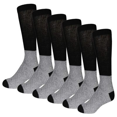 6 Pairs of Thermal Diabetic Crew Socks for Recreation Activities with Non-Binding Top (Grey with Black Top, 10-13)