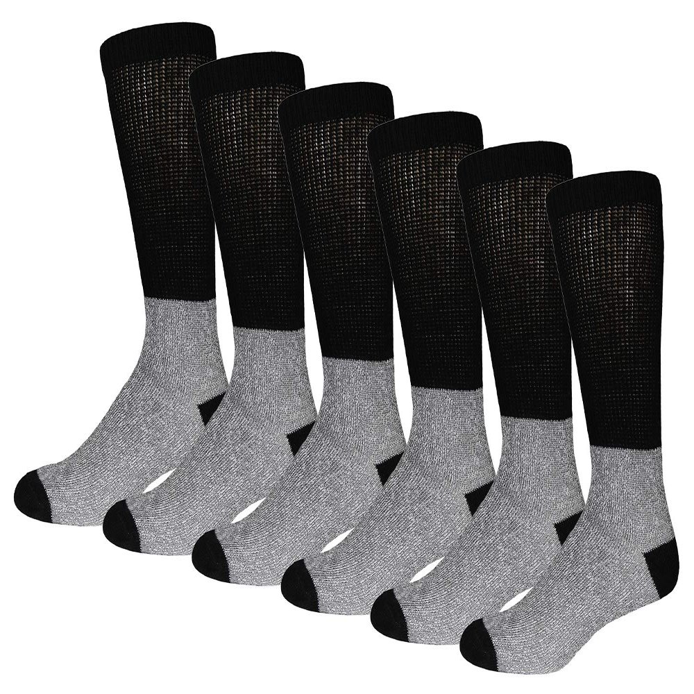 6 Pairs of Thermal Diabetic Crew Socks for Recreation Activities with Non-Binding Top (Grey with Black Top, 10-13)