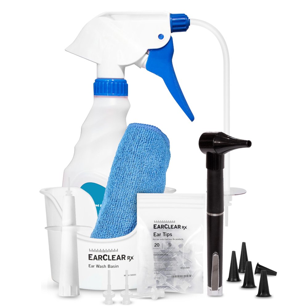 EarClearRX Flexible Tip Kit Complete at-Home Ear Cleaning Kit for Adults & Kids - Easy-to Use Ear Cleaner - Includes Bottle Washer, Basin, 20 Disposable Tips, Microfiber Towel & Otoscope Penlight