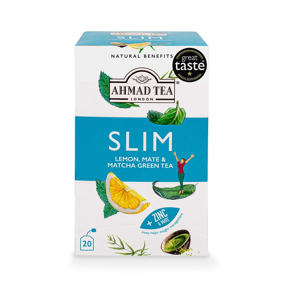Ahmad Tea Green Tea, Lemon, Mate, & Matcha 'Slim' Natural Benefits Teabags, 20 ct (Pack of 1) - Caffeinated & Sugar-Free