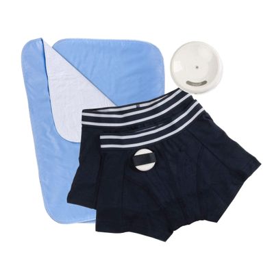 Rodger Wireless Bedwetting Alarm Kit - Bed Wetting System for Kids - Two Moisture Sensing Briefs, Waterproof Bed Pad, Guide Book, Free Mobile App - Child, Navy, Small