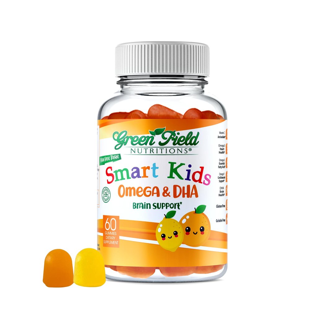 Greenfield Nutritions Smart Kids Halal Omega 3 Gummies with DHA - 60 Halal Vitamins for Kids, Supports Brain & Immune Health - Vegan, Non-GMO, Gluten, Gelatin-Free and Peanut-Free Halal Gummy Vitamins