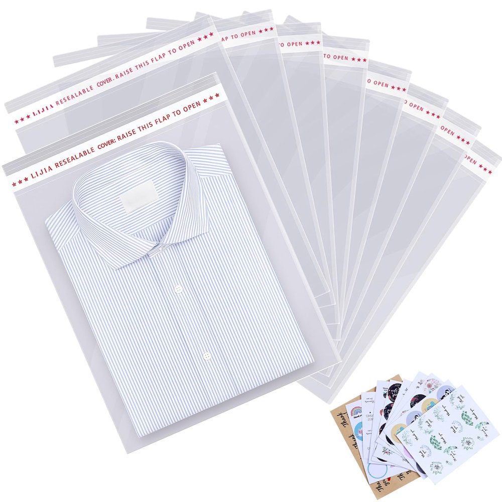 100 pcs 13" x 19" Large Clear Resealable Cellophane Bags for Packaging Products Self-sealing Gift Bag Self-adhesive for Gifts Clothes Small Business Plastic Goodie Bags,Thank you Stickers