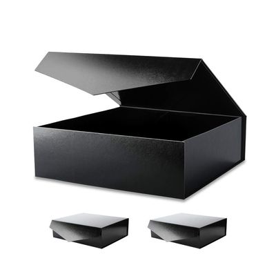 BLK&WH 3 Extra Large Gift Boxes with Lids 16.3x14.2x5 Inches, Black Gift Boxes for Clothes and Large Gifts (Glossy Black with Grass Texture)