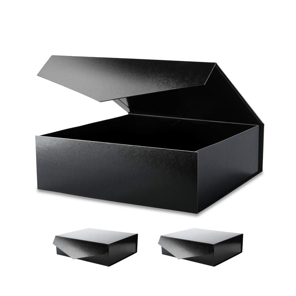 BLK&WH 3 Extra Large Gift Boxes with Lids 16.3x14.2x5 Inches, Black Gift Boxes for Clothes and Large Gifts (Glossy Black with Grass Texture)