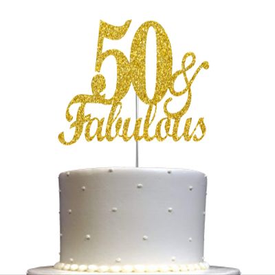 50 & Fabulous Cake Topper Gold Glitter, 50th Birthday Party Decoration Ideas, Premium Quality, Sturdy Doubled Sided Glitter, Acrylic Stick. Made in USA (50th)
