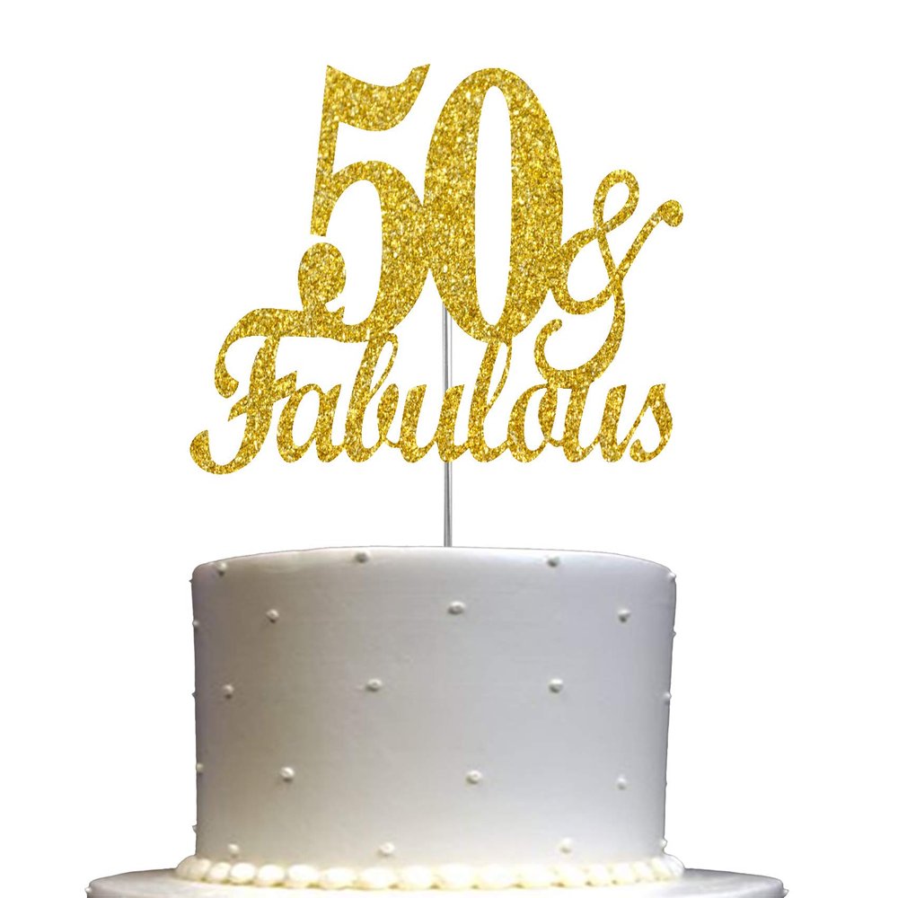 50 & Fabulous Cake Topper Gold Glitter, 50th Birthday Party Decoration Ideas, Premium Quality, Sturdy Doubled Sided Glitter, Acrylic Stick. Made in USA (50th)