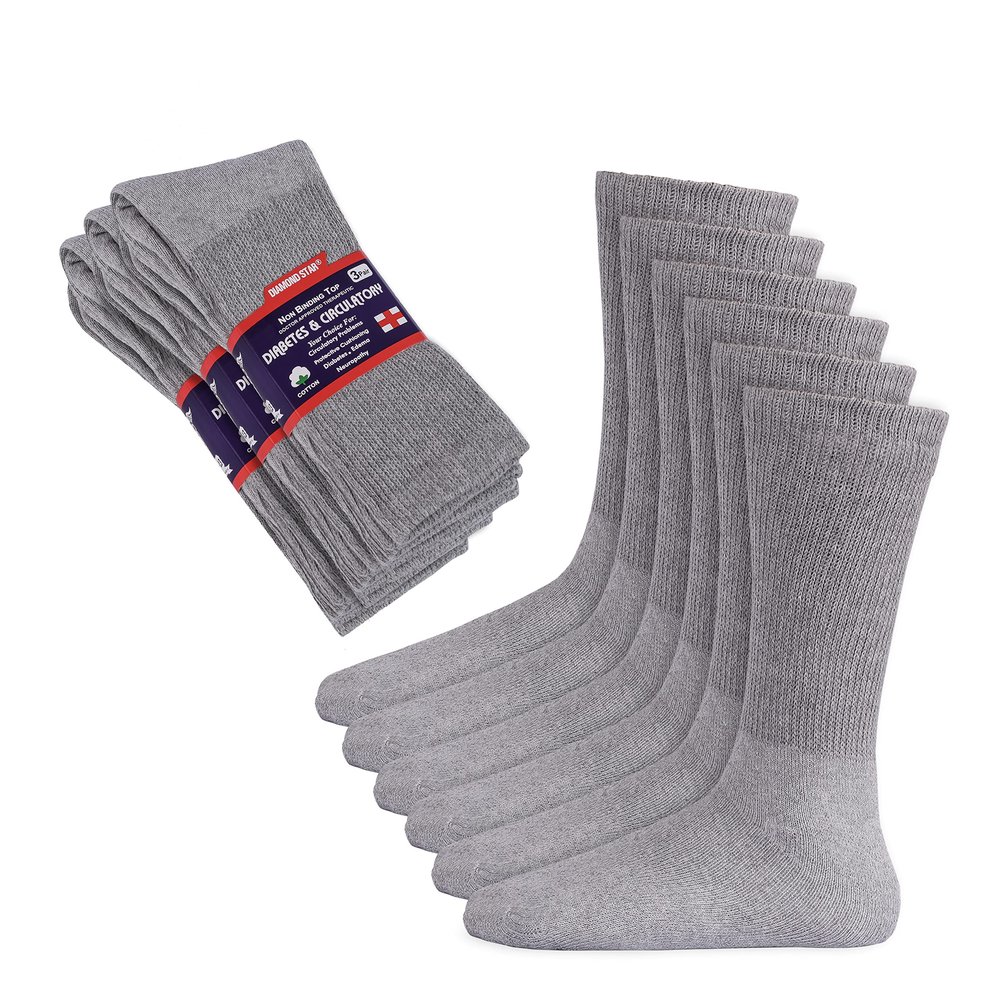 Diamond Star Diabetic Socks, Non-Binding Circulatory Cushion Cotton Crew Diabetic Socks for Men Women 10-13 (12 Pairs Grey)