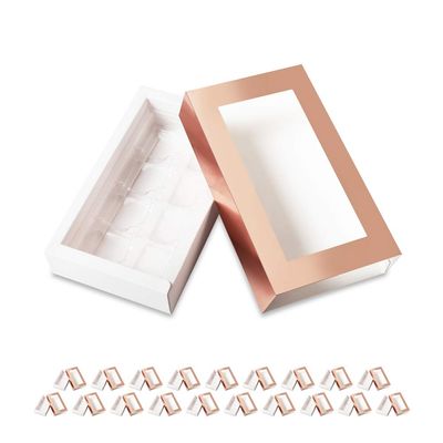 BAKIPACK 20 Rose Gold Truffle Box, Chocolate Box Packaging, Candy Boxes with 8-Piece Plastics Tray (Tray Size with 5.75x2.75 Inches), Pull Out Packing with Clear Window Sleeves