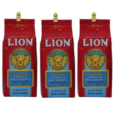 Lion Coffee, Arabica Coffee Beans, Light Roast Whole Bean Coffee, Vanilla Macadamia Flavor, A Taste of Aloha, 10 Ounce (Pack of 3) Bag