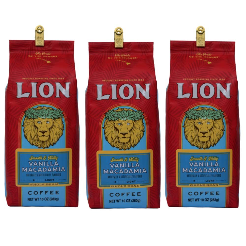Lion Coffee, Arabica Coffee Beans, Light Roast Whole Bean Coffee, Vanilla Macadamia Flavor, A Taste of Aloha, 10 Ounce (Pack of 3) Bag