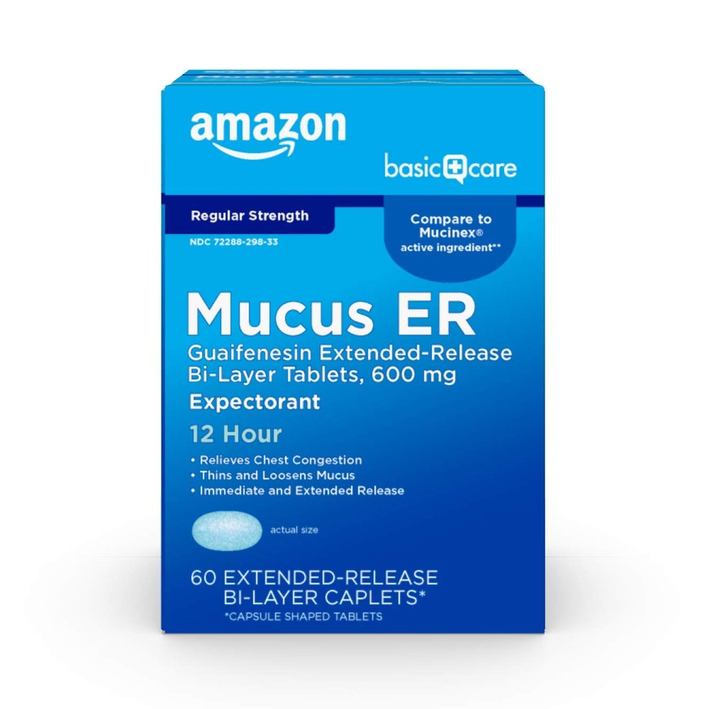 Amazon Basic Care Guaifenesin Extended-Release Bi-Layer Tablets, 600 mg, 12 Hour Expectorant for Chest Congestion and Mucus Relief, Cough Medicine, 60 Count