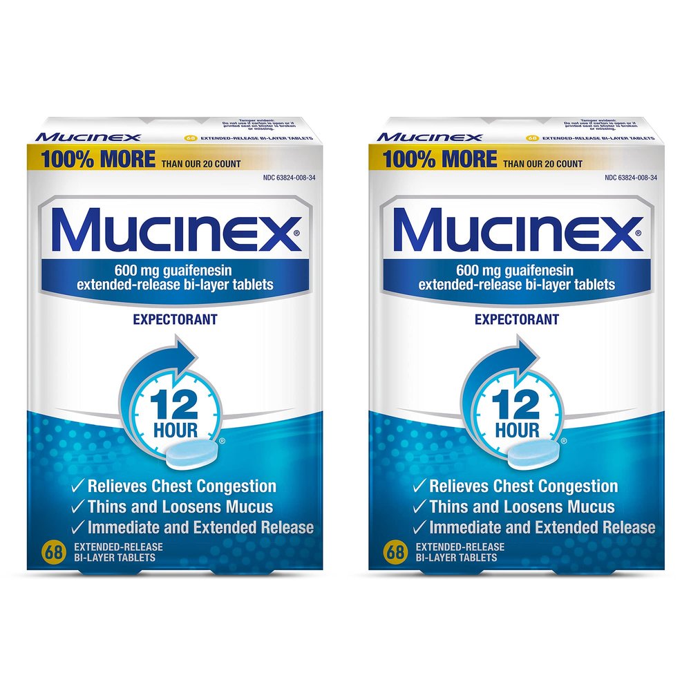 Mucinex 12 hour Chest Congestion Medicine, Chest Congestion Relief, Expectorant, Lasts 12 hours, Powerful Symptom Relief, Extended-Release Bi-layer tablets, Value Size, 68 count (Pack of 2)