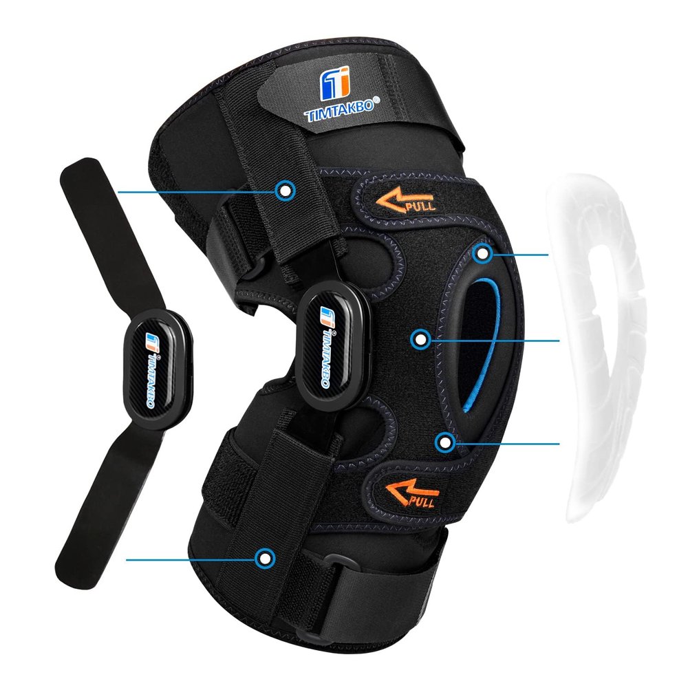 T TIMTAKBO Hinged Knee Brace for Knee Pain Relieve,GEL Patella Support with Removable Dual Side Stabilizers,Knee Support for Meniscus Tear,Relieves ACL,Arthritis(M fit Upper 18-19.5"/Lower 14-16")