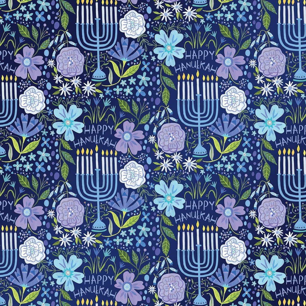 Jillson Roberts Hanukkah Wrapping Paper, Floral Menorah, 6 Jumbo Rolls 10 feet x 30 inches