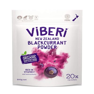 ViBERi Organic Blackcurrant Powder 200 g (20 Sachets) | New Zealand Grown Superfruit, Naturally High in Vitamin C & Anthocyanins | Vegan, Non-GMO, Gluten-Free, Convenient Daily Serving
