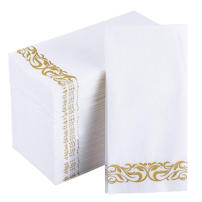 JOLLY CHEF 100 Disposable Hand Towels, Soft and Absorbent Linen Feel Dinner Napkin, Elegant Decorative Paper Guest Towels for Kitchen, Bathroom,Thanksgiving, Weddings,Parties, Gold and White