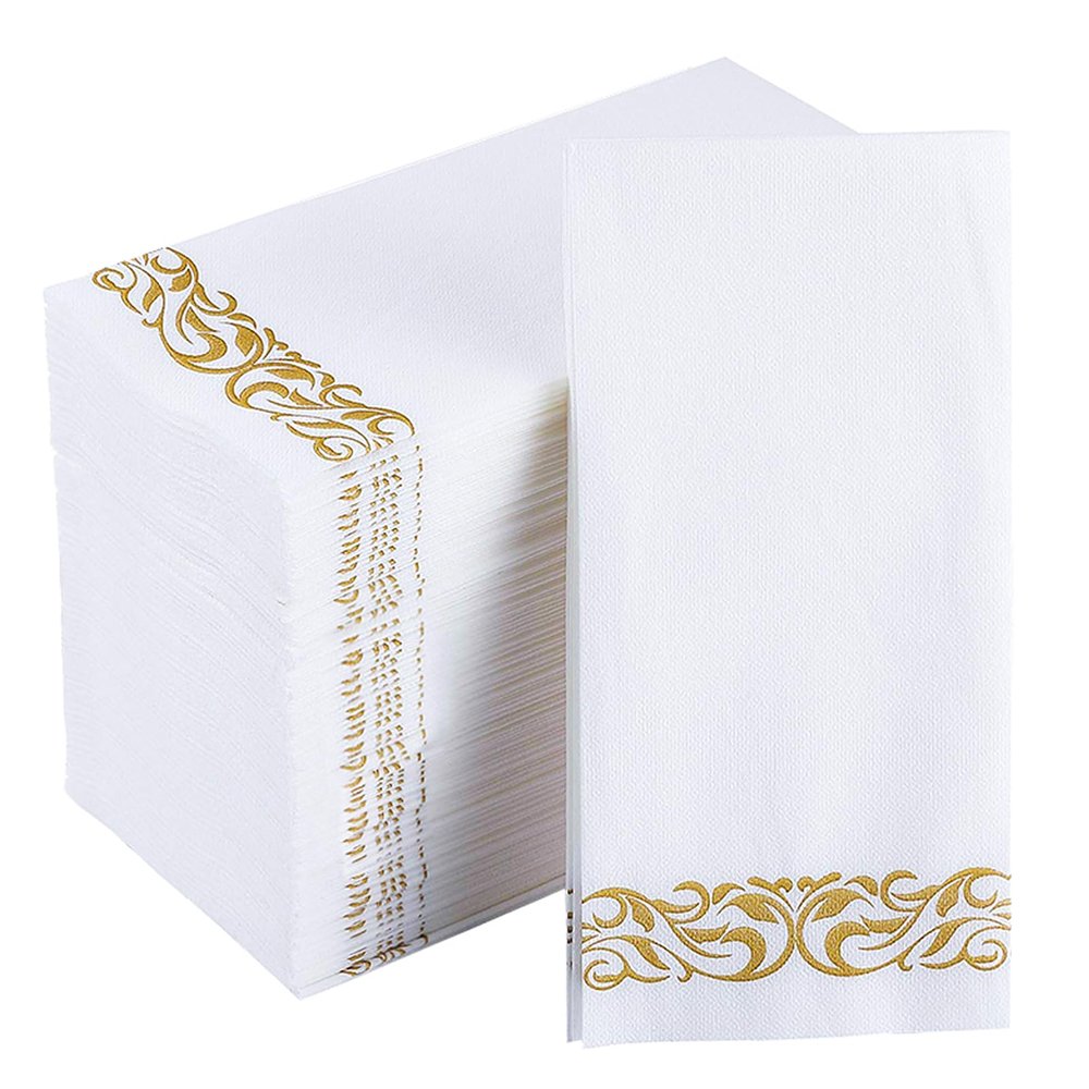 JOLLY CHEF 100 Disposable Hand Towels, Soft and Absorbent Linen Feel Dinner Napkin, Elegant Decorative Paper Guest Towels for Kitchen, Bathroom,Thanksgiving, Weddings,Parties, Gold and White