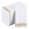 JOLLY CHEF 100 Disposable Hand Towels, Soft and Absorbent Linen Feel Dinner Napkin, Elegant Decorative Paper Guest Towels for Kitchen, Bathroom,Thanksgiving, Weddings,Parties, Gold and White view 1