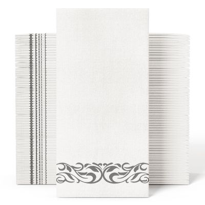JOLLY CHEF 100 Disposable Hand Towels, Soft and Absorbent Linen Feel Dinner Napkin, Elegant Decorative Paper Guest Towels for Kitchen, Bathroom, Weddings, Parties, Silver and White