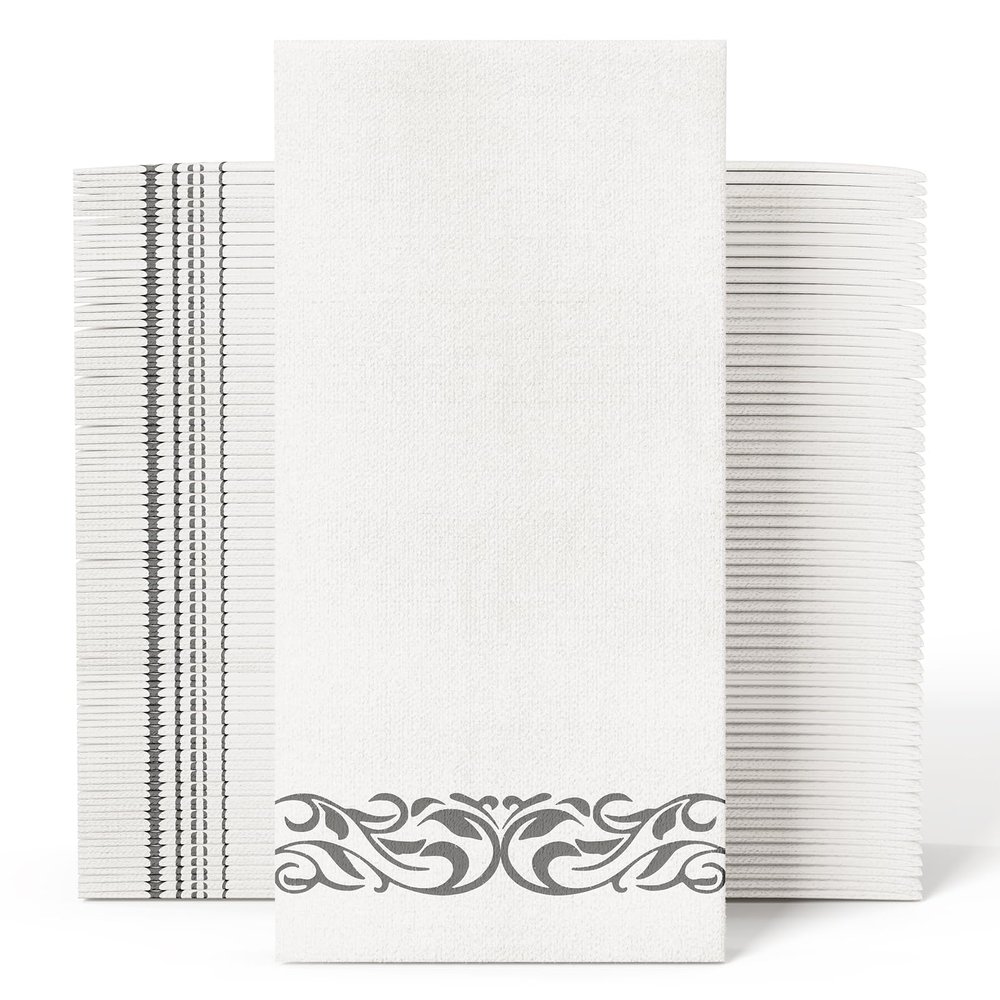 JOLLY CHEF 100 Disposable Hand Towels, Soft and Absorbent Linen Feel Dinner Napkin, Elegant Decorative Paper Guest Towels for Kitchen, Bathroom, Weddings, Parties, Silver and White