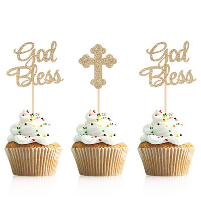 Donoter 48 Pieces Glitter God Bless and Cross Cupcake Topper Picks for Baptism Party Decorations